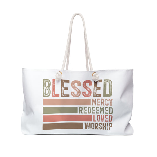 Blessed Weekender Bag – Inspirational Travel Tote with Mercy, Redeemed, Loved, Worship Motif