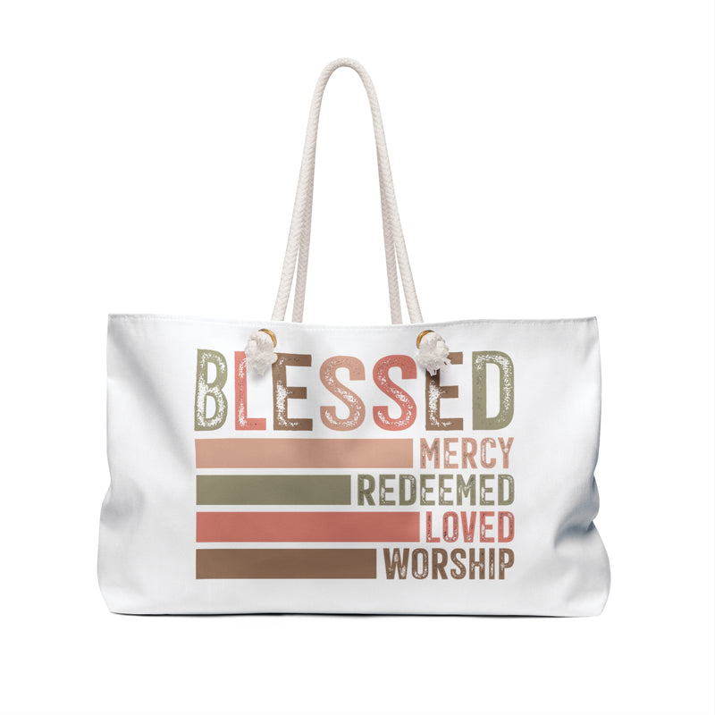 Blessed Weekender Bag – Inspirational Travel Tote with Mercy, Redeemed, Loved, Worship Motif