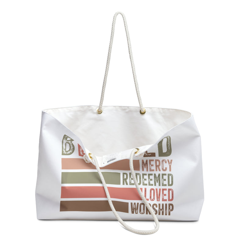 Blessed Weekender Bag – Inspirational Travel Tote with Mercy, Redeemed, Loved, Worship Motif